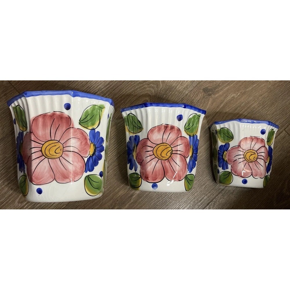 Vintage Ceramic Wall Pocket Vase White Blue Floral‎ Portugal Hand Painted Set 3